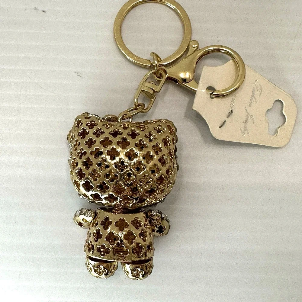 Hello Kitty Style Rhinestone Keychain Pink Crystal Cat Bag Charm Gold Tone